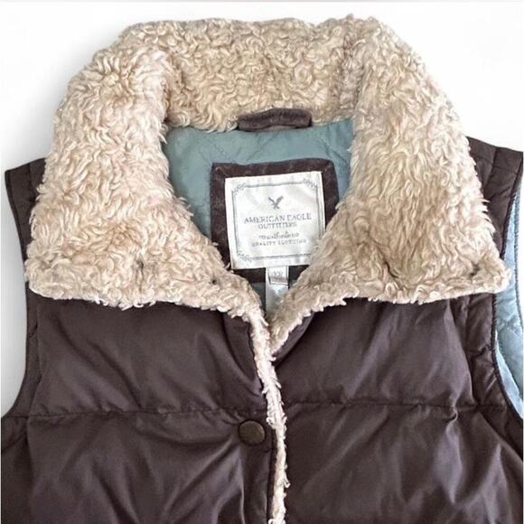 Vintage Y2K American Eagle Women’s Brown Down Quilted Puffer Vest Sherpa XS - Picture 4 of 6
